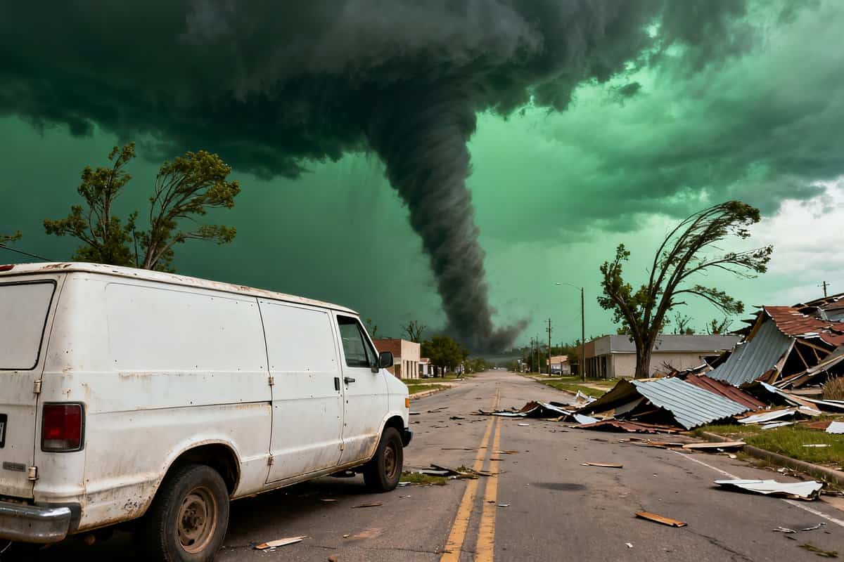 Van blanc à l'arrêt dans une rue déserte jonchée de débris, une tornade se forme au loin sous un ciel vert