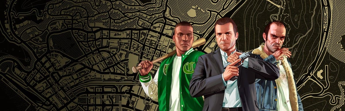 Les trois protagonistes de Grand Theft Auto V devant une carte de la ville de Los Santos.