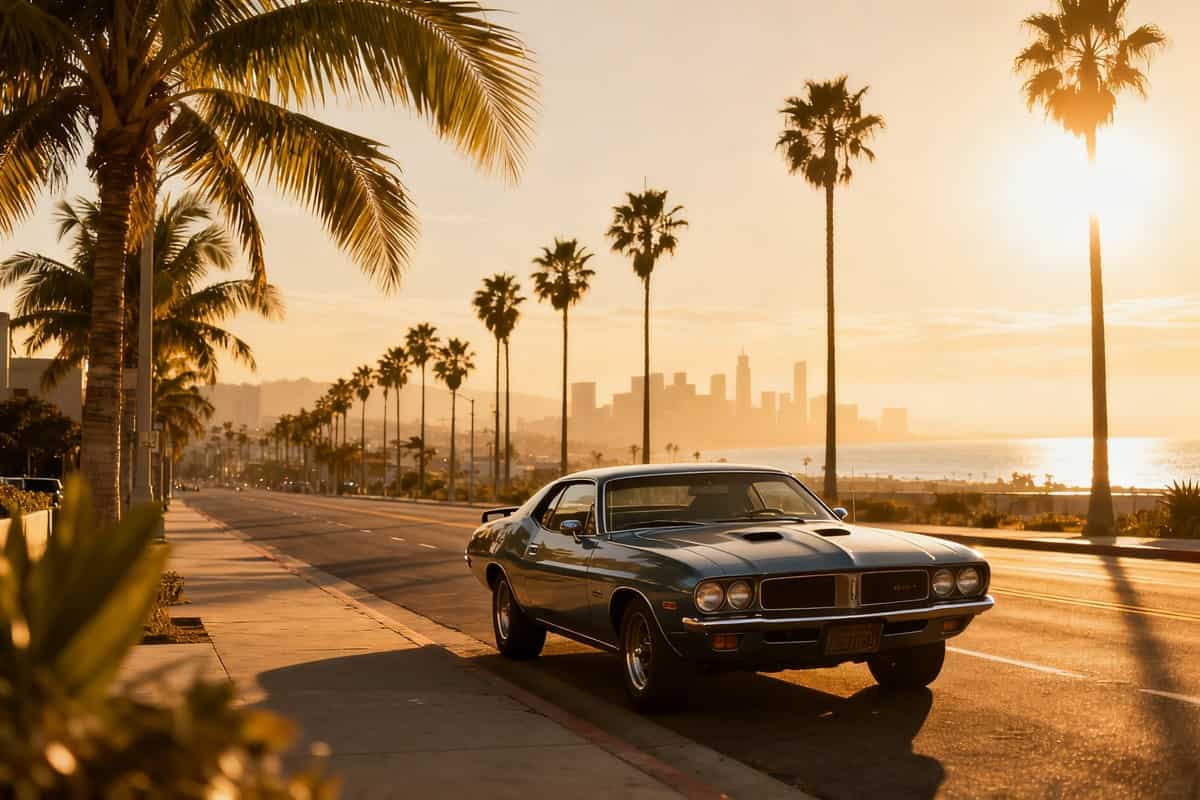 Une voiture ancienne bleue sur un boulevard bordé de palmiers au coucher du soleil, une ville à l'horizon.