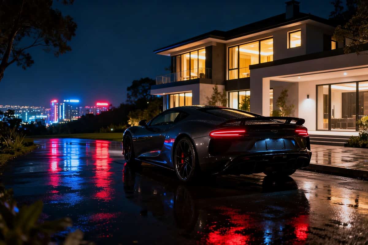 Voiture de sport de luxe garée de nuit devant une villa moderne éclairée