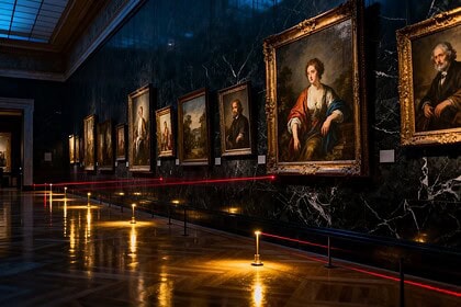 Galerie d'un musée d'art la nuit avec des tableaux encadrés et des faisceaux de sécurité