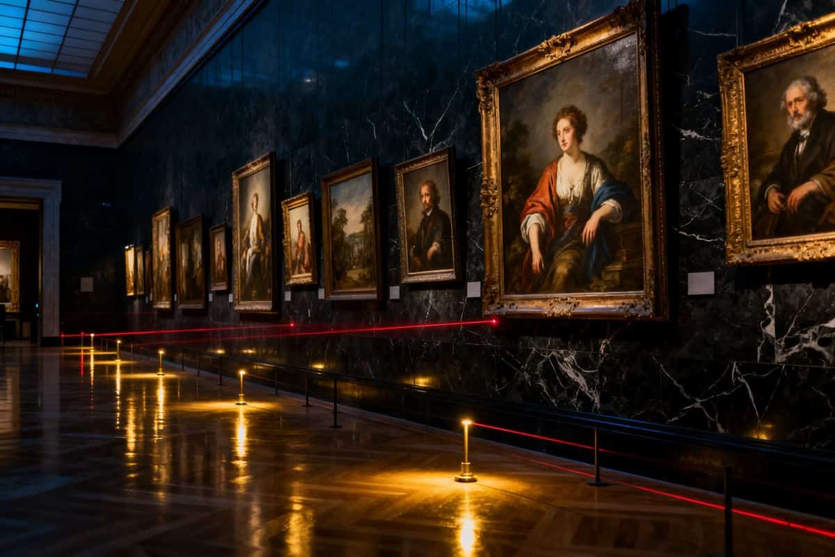 Galerie d'un musée d'art la nuit avec des tableaux encadrés et des faisceaux de sécurité