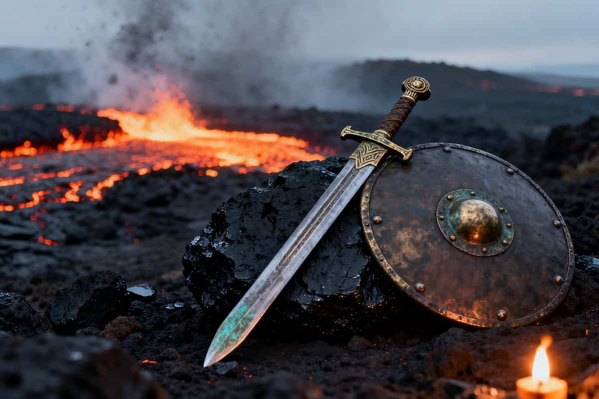 Épée et bouclier de bronze antiques posés près d'une coulée de lave
