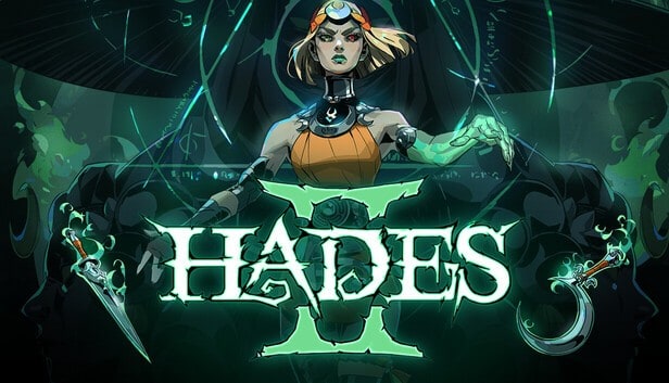 Mélinoé, la princesse sorcière des Enfers entourée d'une aura verte, visuel clé de Hades II
