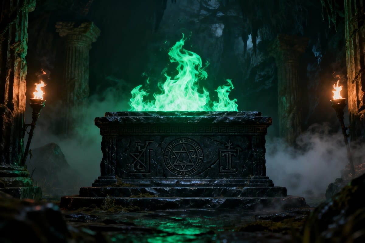 Autel antique nimbé de flammes vertes magiques dans des ruines souterraines