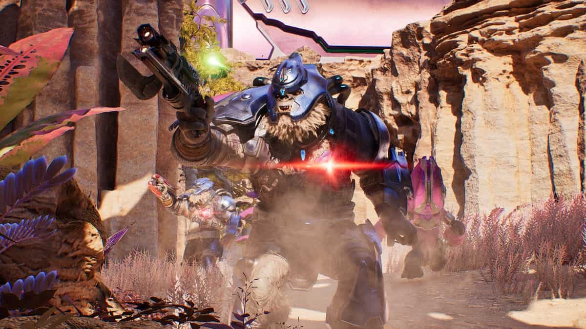 Combat contre une créature du Covenant dans un canyon, capture officielle de Halo: Campaign Evolved.