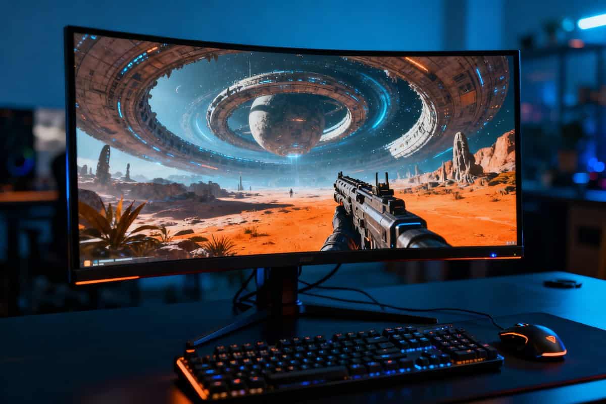 Écran PC incurvé affichant un jeu de tir de science-fiction, clavier et souris gaming sur un bureau sombre la nuit.