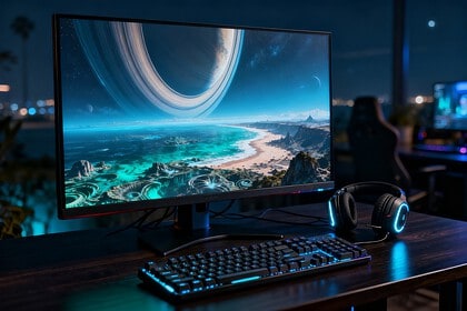 Écran de PC montrant un monde-anneau de science-fiction, clavier et casque de jeu rétroéclairés sur un bureau la nuit