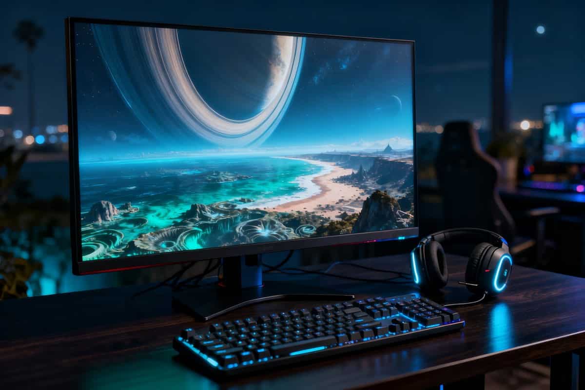 Écran de PC montrant un monde-anneau de science-fiction, clavier et casque de jeu rétroéclairés sur un bureau la nuit