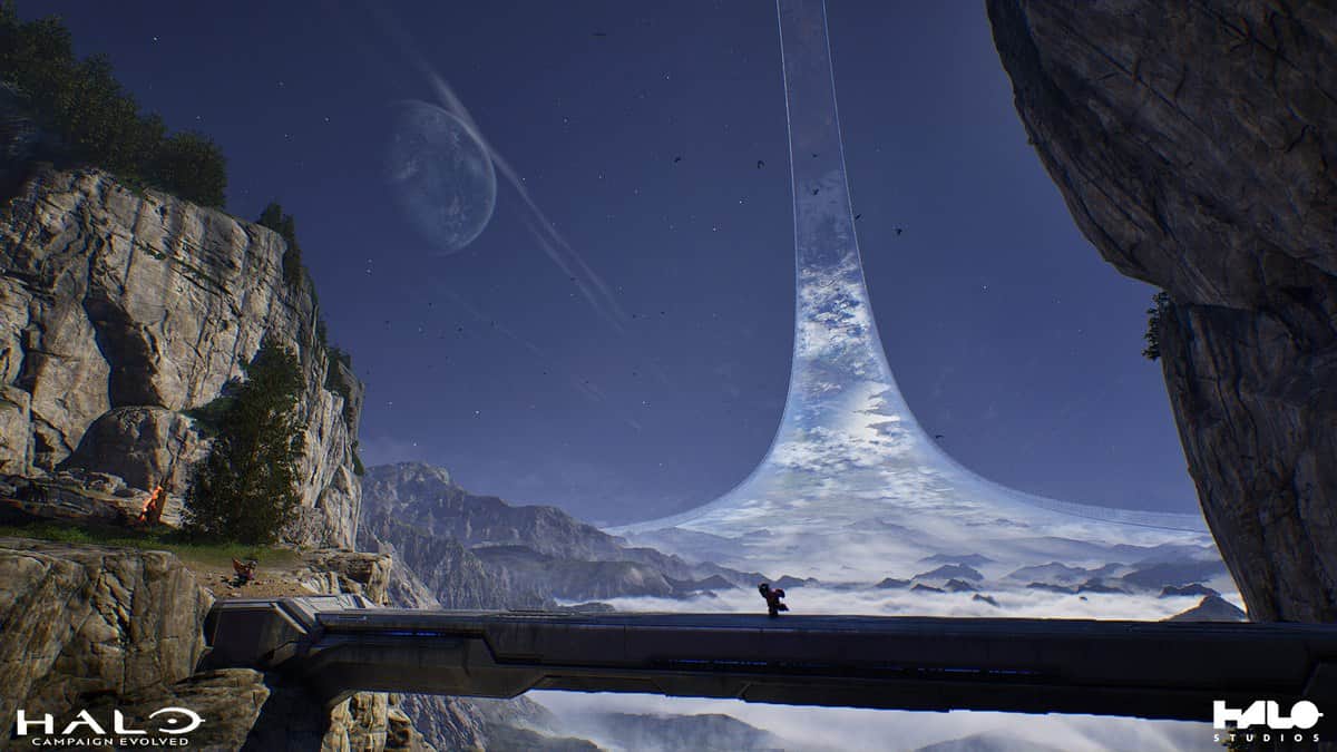 Immense anneau extraterrestre s'élevant dans le ciel au-dessus d'un pont, dans Halo : Campaign Evolved