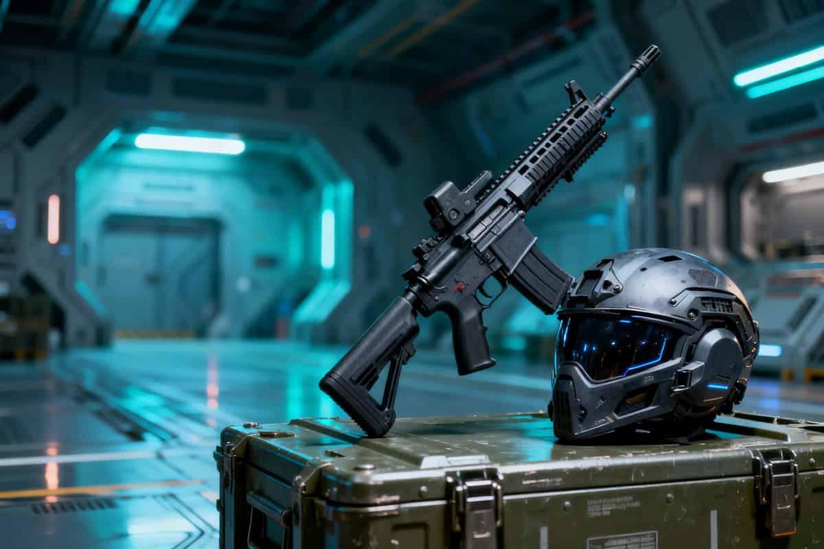 Fusil d'assaut de science-fiction et casque futuriste posés sur une caisse métallique dans un hangar spatial