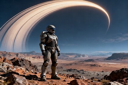 Soldat en armure futuriste sur un paysage rocheux dominé par un immense anneau orbital