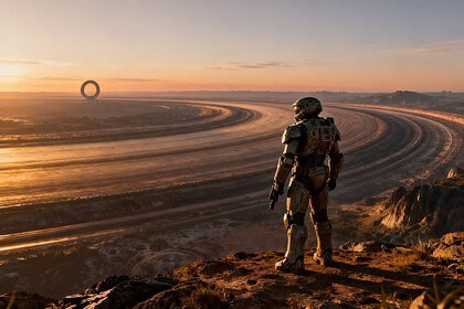 Un soldat en armure futuriste face à un immense anneau extraterrestre au crépuscule