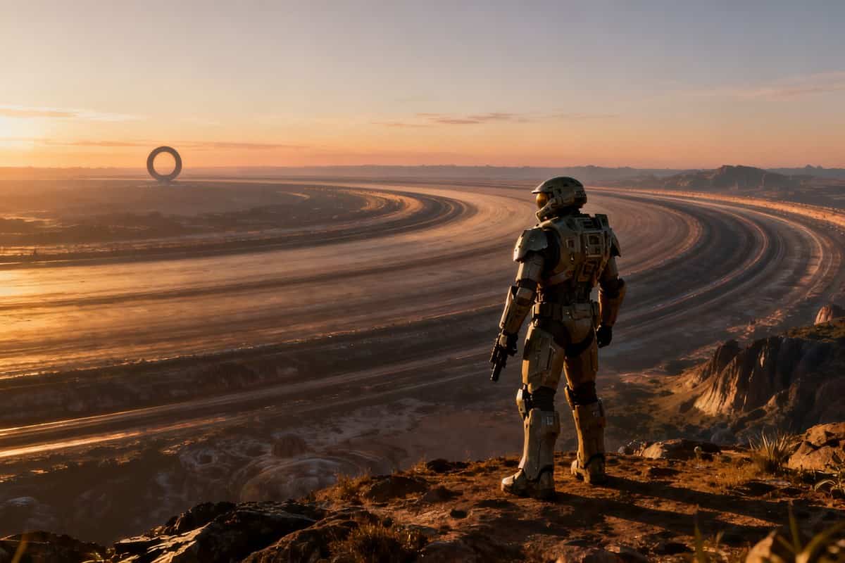Un soldat en armure futuriste face à un immense anneau extraterrestre au crépuscule