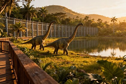 Deux dinosaures au long cou près d'un lagon dans un parc clôturé, passerelle en bois et végétation tropicale au coucher du soleil