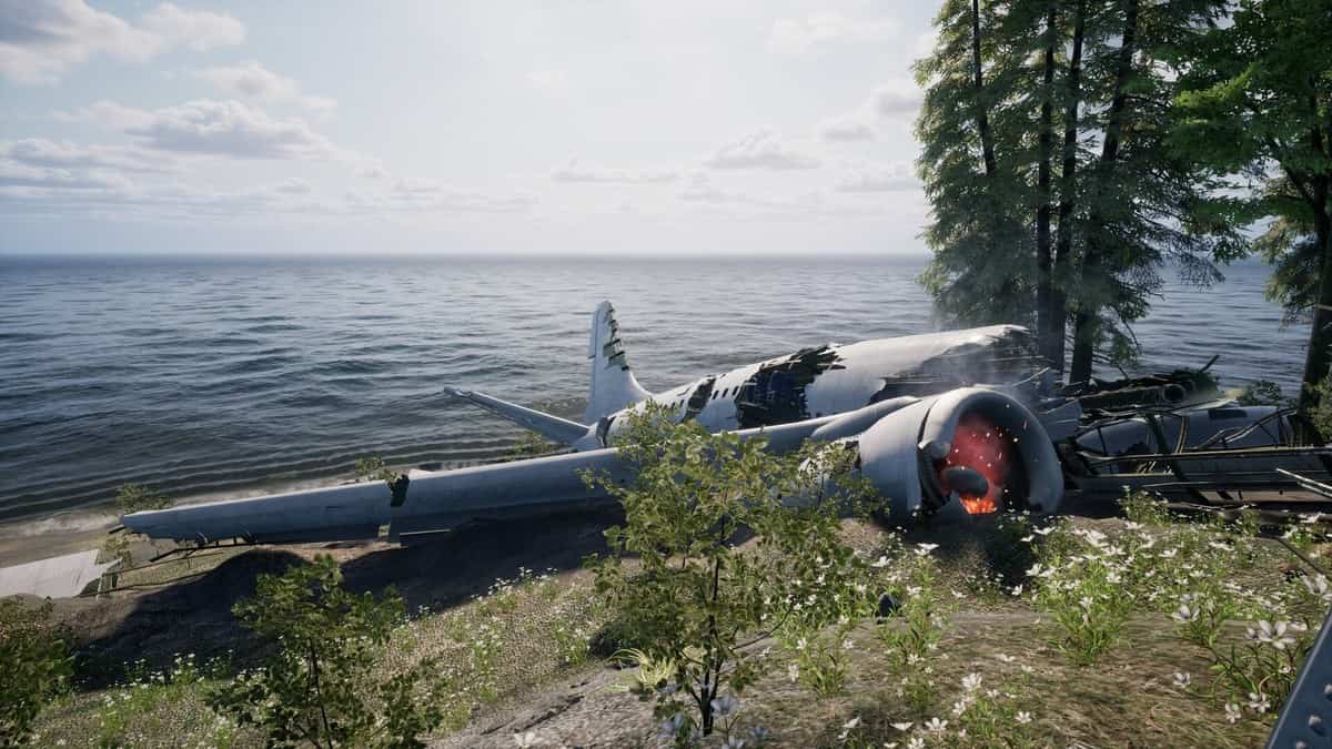 Capture officielle de KeepUp Survival montrant l'épave d'un avion échoué sur le rivage de l'île