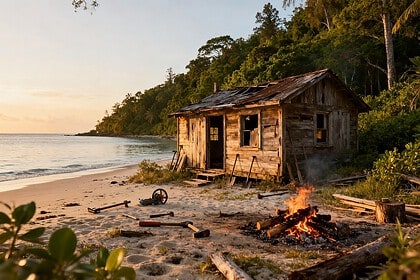 Cabane en bois abandonnée sur le rivage d'une île déserte au coucher du soleil