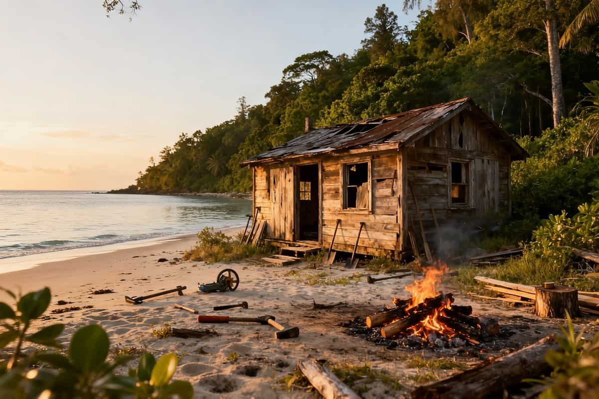 Cabane en bois abandonnée sur le rivage d'une île déserte au coucher du soleil