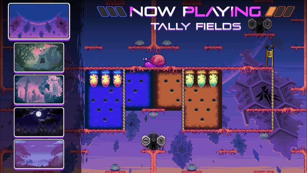 Capture de Killer Queen Black : une arène en pixel art avec un escargot, des cellules de baies et des plateformes.