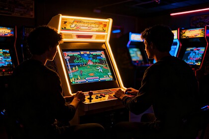 Deux joueurs s'affrontent sur une borne d'arcade rétro éclairée aux néons, dans une salle sombre remplie de bornes.