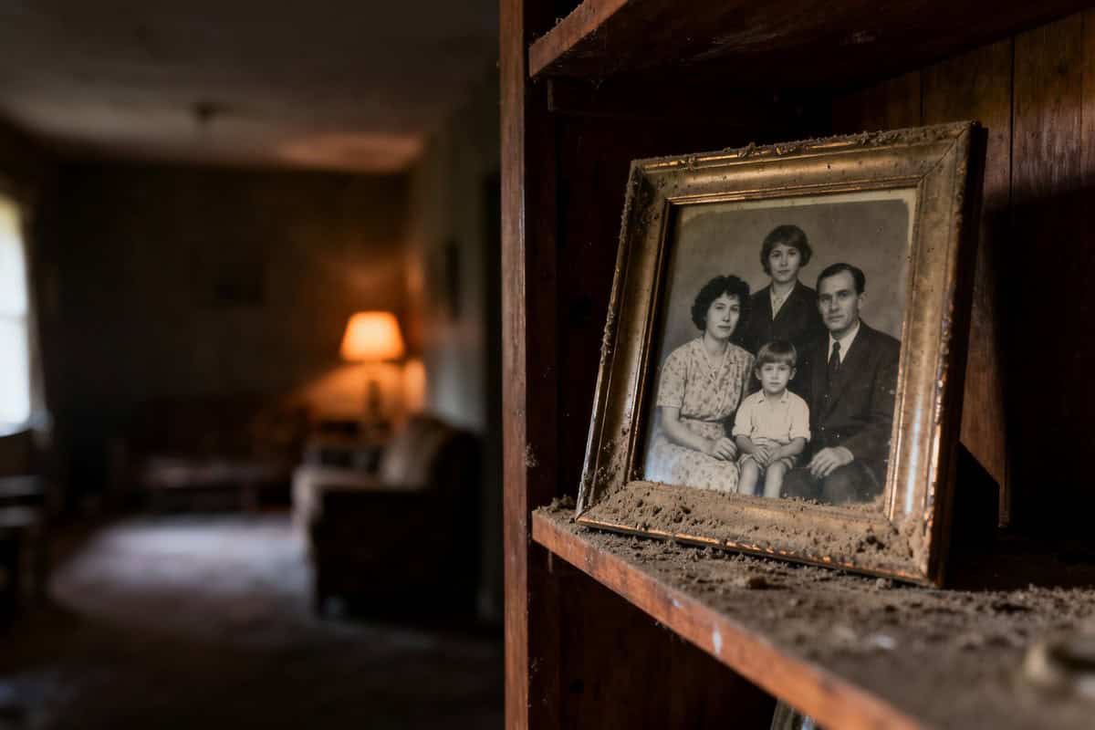 Cadre photo ancien posé sur une étagère poussiéreuse dans une pièce sombre