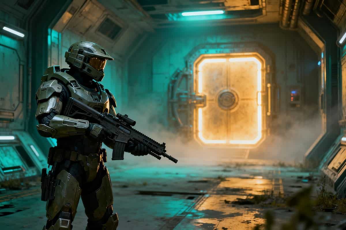 Un soldat en armure futuriste, fusil en main, devant une porte de coffre lumineuse dans un couloir de station spatiale.
