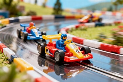 Des karts miniatures colorés avec de petits pilotes s'élancent sur un circuit jouet, dans un décor évoquant la course.