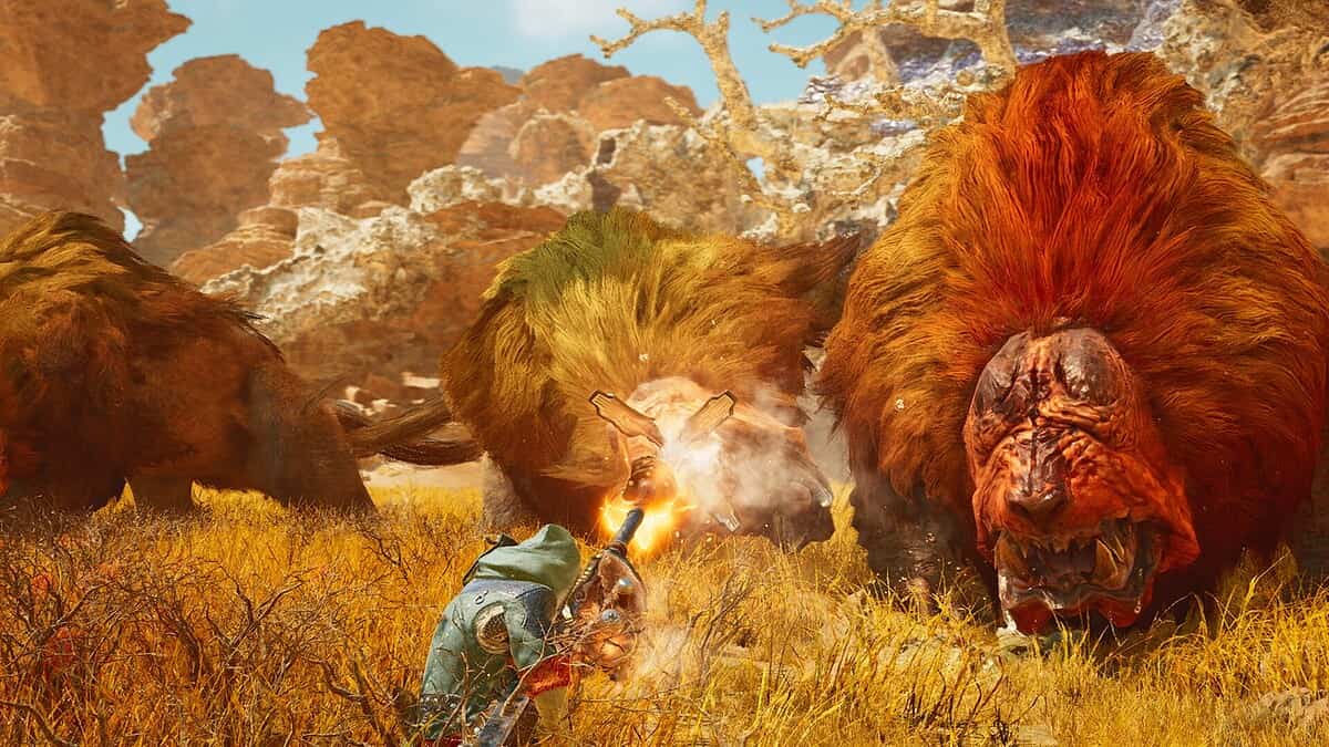 Un groupe de chasseurs à dos de Seikret explore une zone désertique de Monster Hunter Wilds