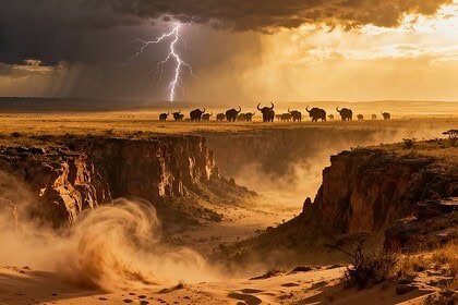 Plaine sauvage balayée par un orage, silhouettes de grandes créatures dans la brume