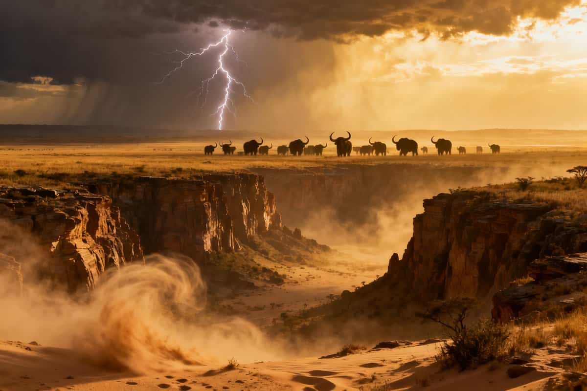 Plaine sauvage balayée par un orage, silhouettes de grandes créatures dans la brume
