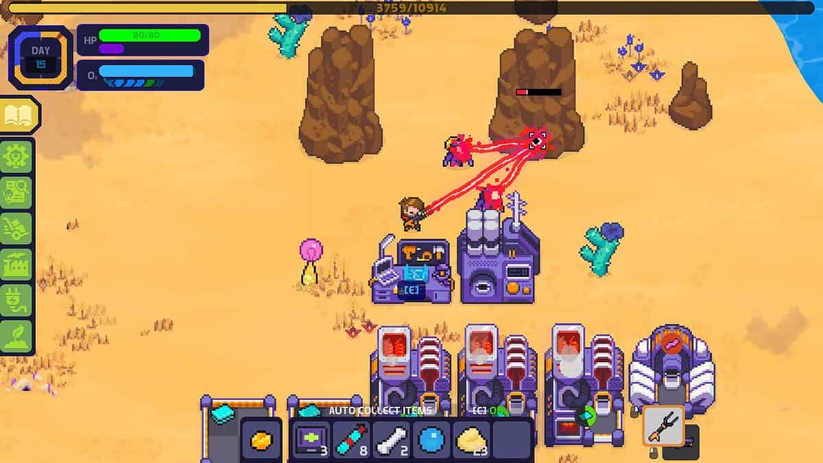 Base de production en pixel art reliée par des convoyeurs dans Nova Lands