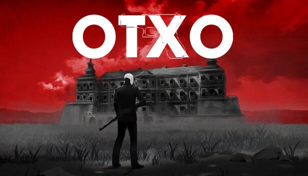 Jaquette d'OTXO : une silhouette armée face à un manoir sur fond rouge