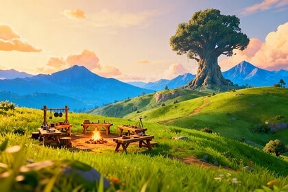 Campement en bois avec établis et feu de camp sur une colline verdoyante, arbre géant à l'horizon au coucher du soleil