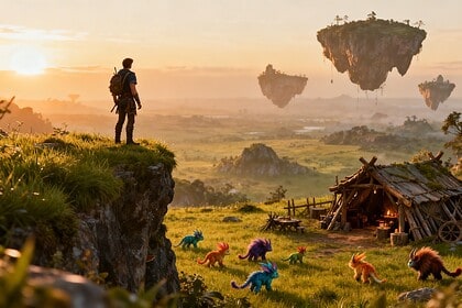 Aventurier au sommet d'une falaise au lever du soleil face à un vaste monde ouvert peuplé de créatures
