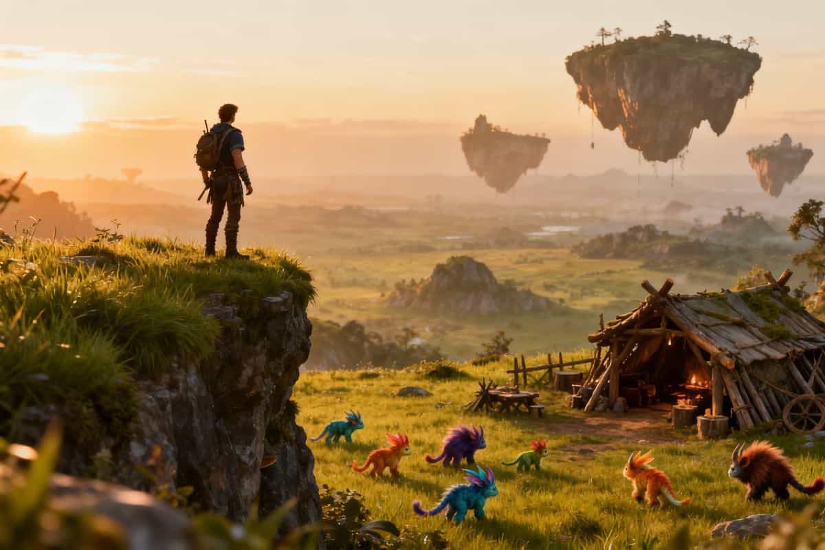 Aventurier au sommet d'une falaise au lever du soleil face à un vaste monde ouvert peuplé de créatures