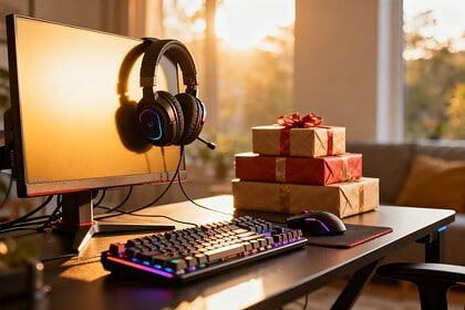 Bureau de joueur PC au petit matin, clavier, casque et paquets cadeaux posés près de l'écran