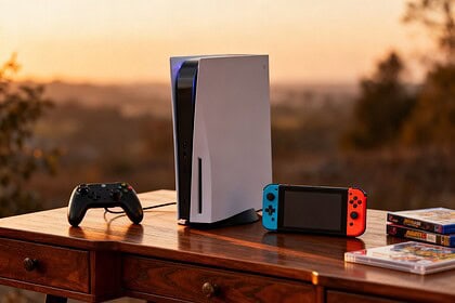 Une console de salon, une manette et une console portable près de vieux boîtiers de jeux sur un bureau en bois.