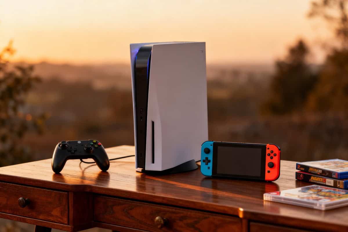 Une console de salon, une manette et une console portable près de vieux boîtiers de jeux sur un bureau en bois.