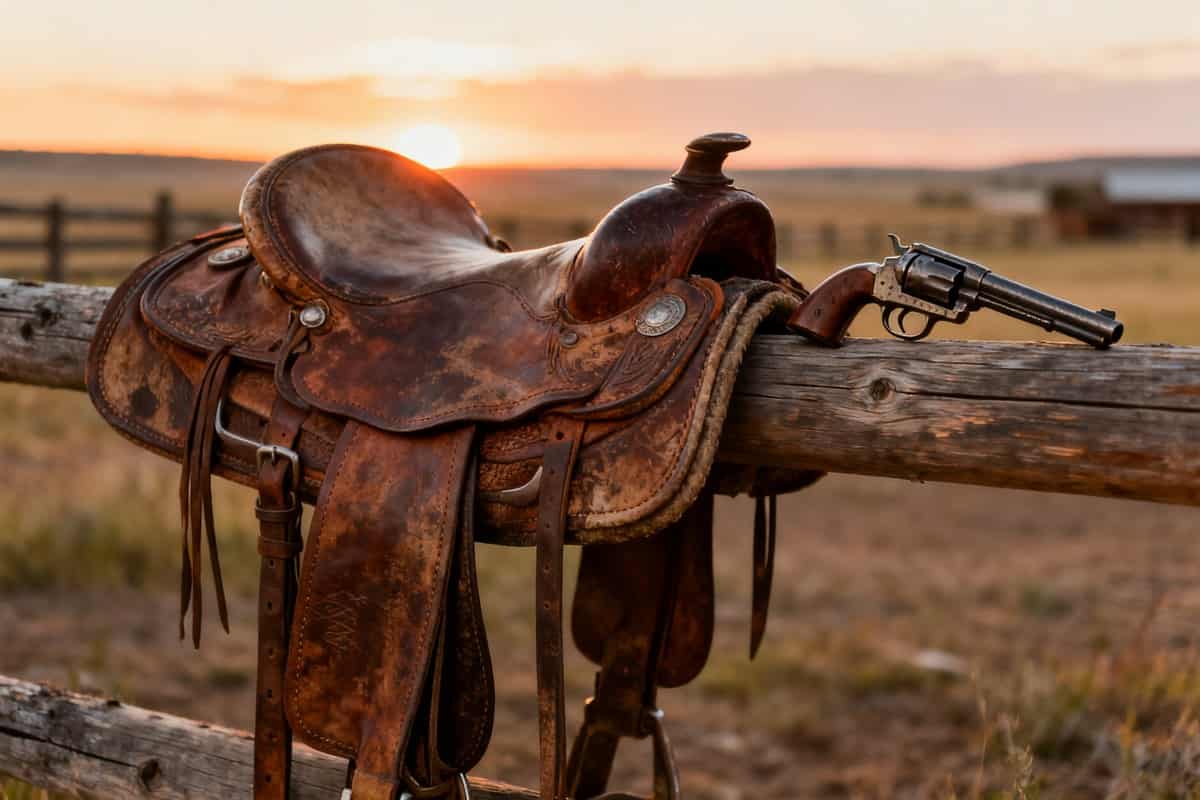 Selle en cuir usée et vieux revolver posés sur une clôture en bois dans un ranch de l'Ouest