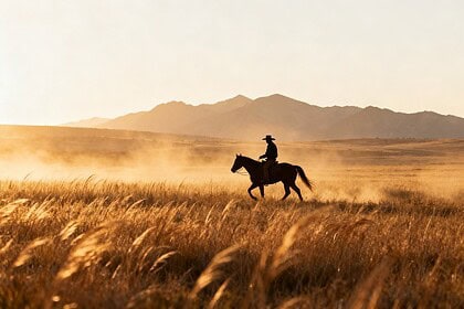 Cavalier solitaire traversant une vaste prairie américaine au coucher du soleil