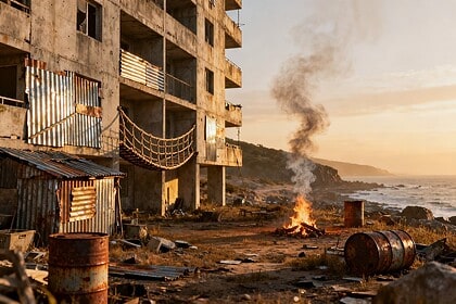 Immeuble d'appartements délabré et rafistolé au milieu d'un paysage de survie post-apocalyptique