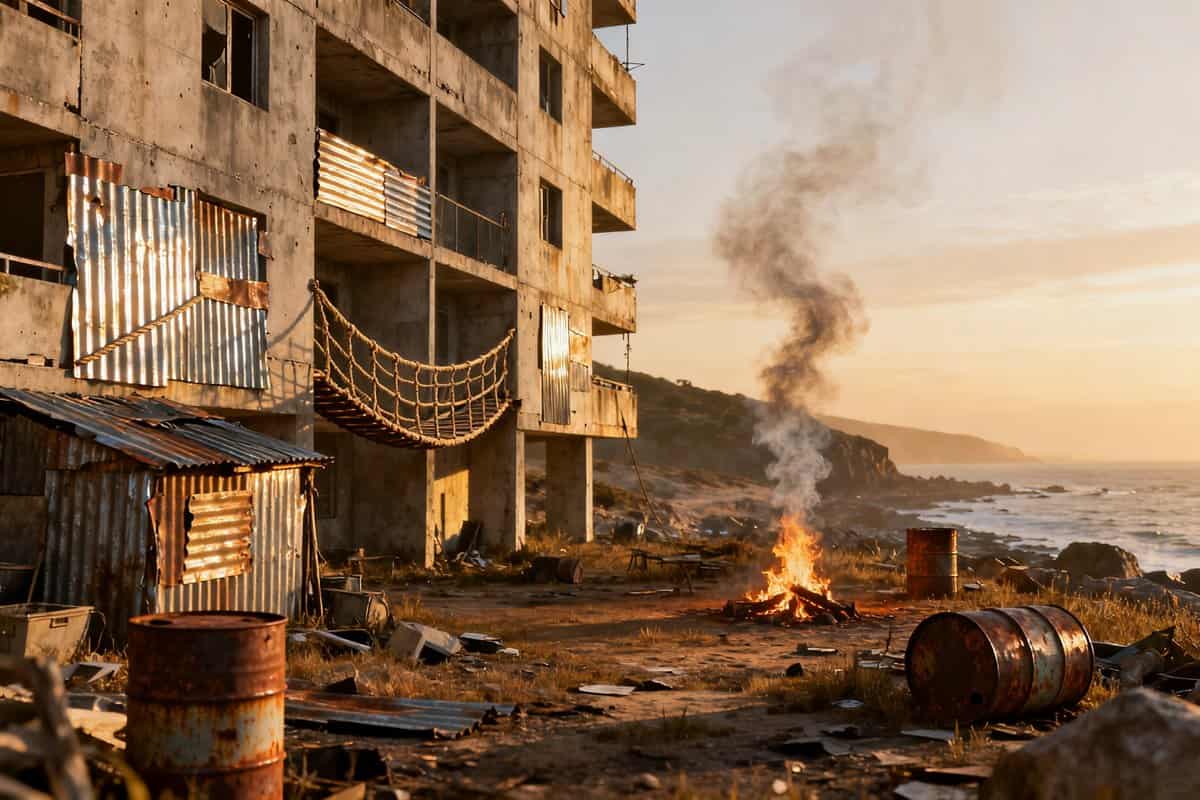 Immeuble d'appartements délabré et rafistolé au milieu d'un paysage de survie post-apocalyptique