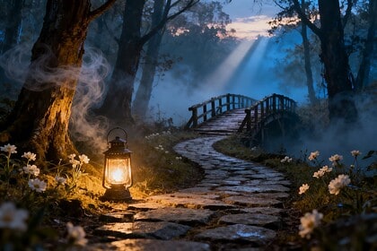 Sentier de pierre éclairé par une lanterne dans une forêt brumeuse au crépuscule