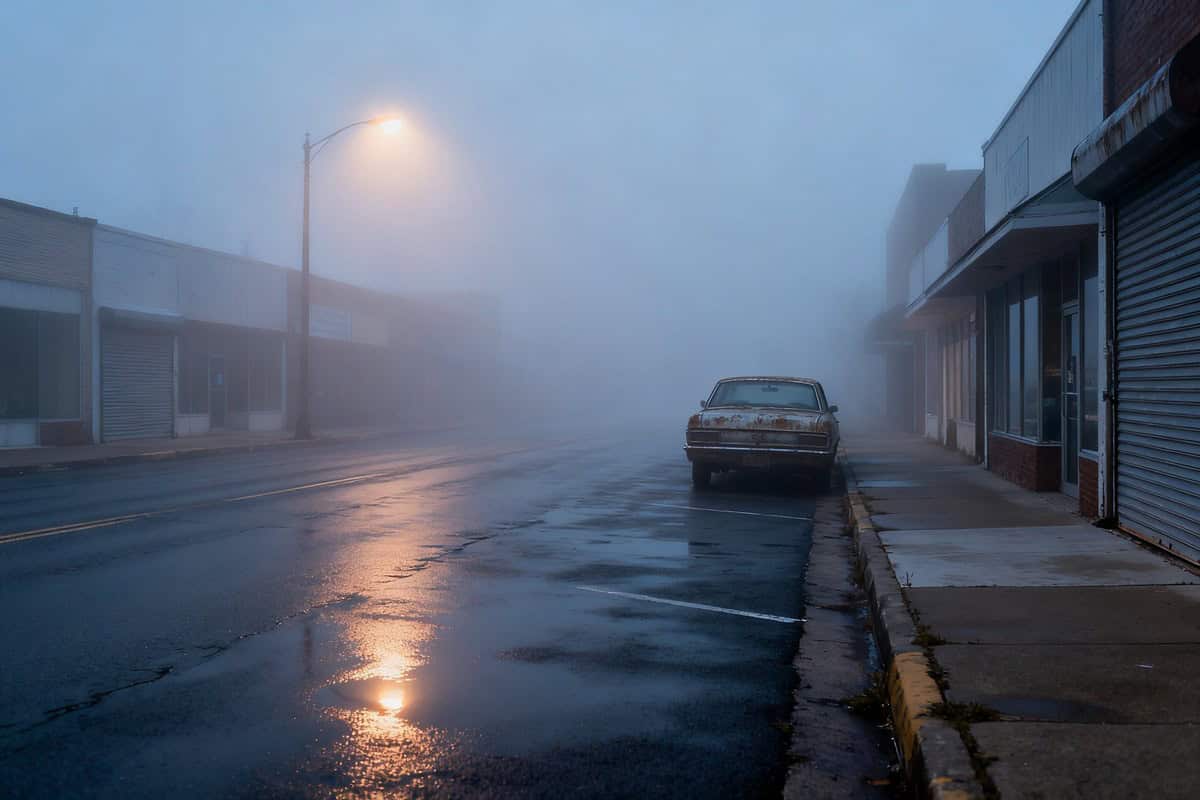 Rue déserte d'une petite ville noyée dans le brouillard, lampadaire allumé et vieille voiture garée