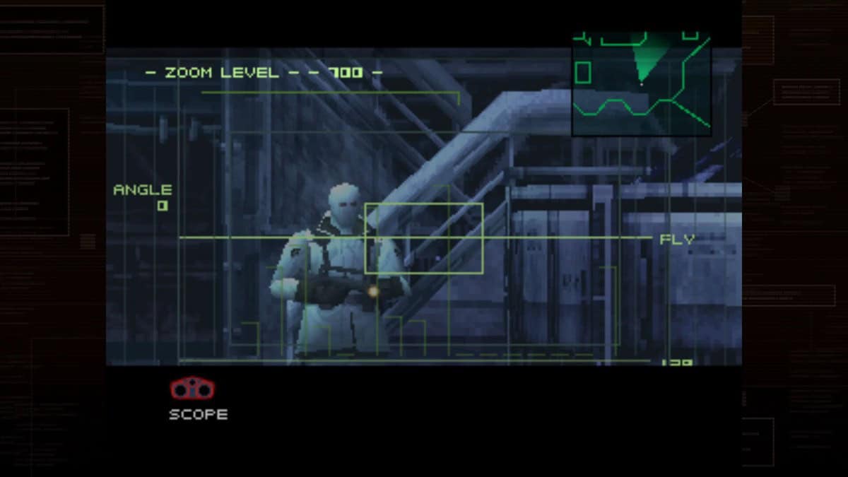 Capture de Metal Gear Solid : un garde vu à la lunette dans un couloir sombre, interface de visée verte