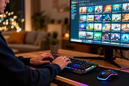 Un joueur au clavier gamer rétroéclairé face à un écran affichant une grille colorée de jeux, le soir