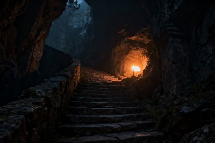 Escalier de pierre descendant dans un donjon sombre vers une lueur chaude au fond d'une grotte