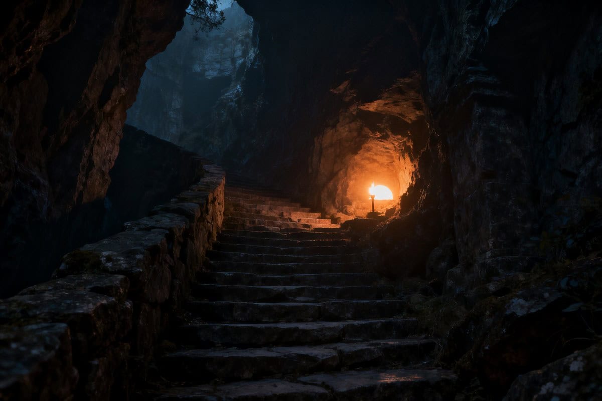 Escalier de pierre descendant dans un donjon sombre vers une lueur chaude au fond d'une grotte