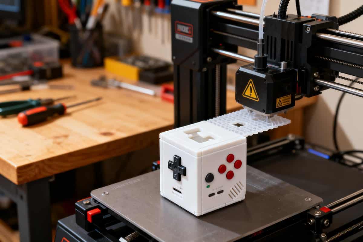 Imprimante 3D fabriquant une façade blanche pour une petite console cubique sur un établi d'atelier