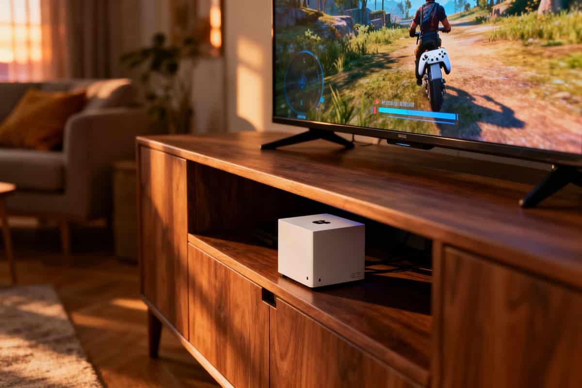 Petite console cubique blanche posée sous un téléviseur qui affiche un jeu, dans un salon